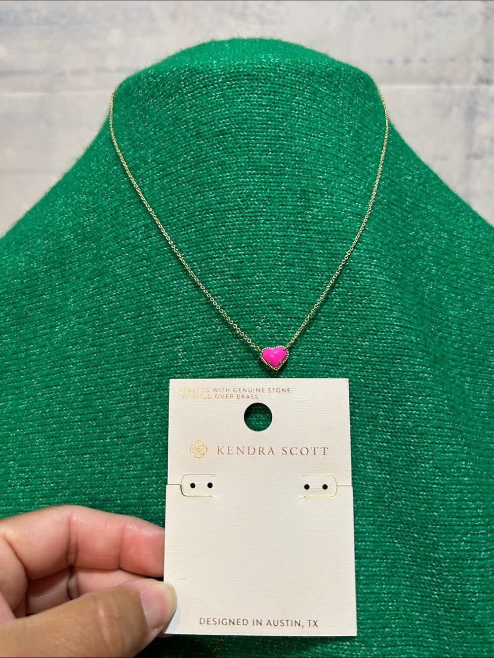 Kendra Scott Gold Necklace with Hot Pink Heart Pendant with bag